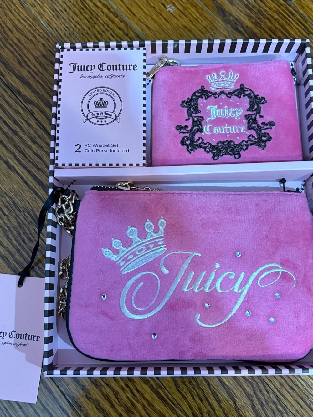 Juicy Couture Pink Velvet Wristlet & Coin Purse Set with Gold Chain Accents